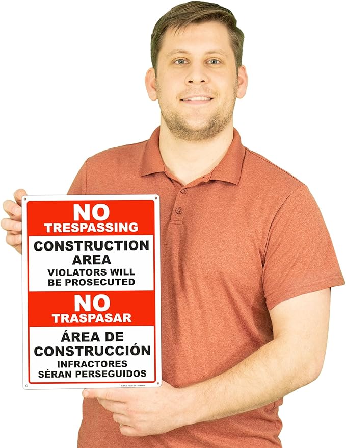 Brimar - 10" x 14" - Bilingual Construction Area Violators Will Be Prosecuted Sign - .055″ Polyethylene Plastic - Bold Text And Symbol - Easy Installation