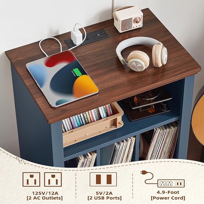 Joaxswe Record Player Stand with Charging Station Up to 200 Albums, 24" Wide Mid-Century Record Player Table with Vinyl Record Storage,Large Wood Turntable Stand Dispaly Cabinet for Living Room,Blue