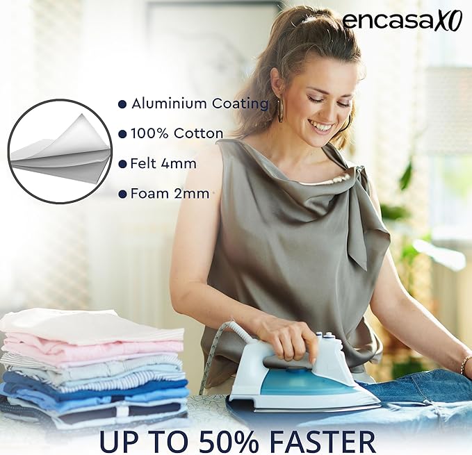 Encasa XO Ironing Board Cover and Pad 54"x18" - 4mm Felt & 2mm Foam Metallized Silver Iron Board Cover with Padding - Heat & Scorch Resistant, Non Slip, Bungee Elasticated, 3 Fasteners Silver Luxury