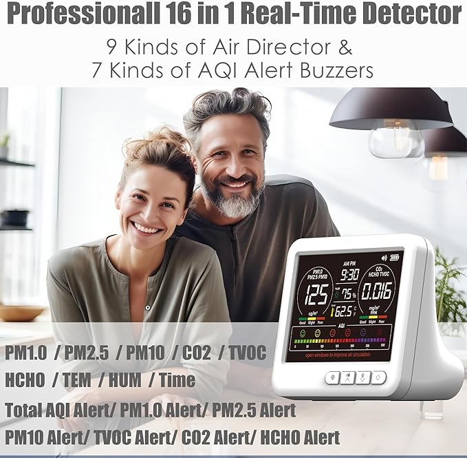 Professional Indoor Air Quality Monitor with 7X AQI,16 in 1 Portable Real-Time Detector for PM2.5 | PM10 | CO2 | TVOC | HCHO | Temp | Hum for Home Cars Plants Pets