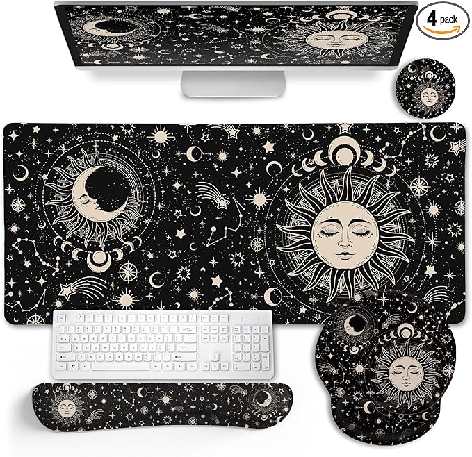 LIMKRIAN Sun Moon Mouse Pad Set Desk Mat Pad, XXL Large Gaming Mouse Pad with Wrist Rest, Ergonomic Mouse Pad, Keyboard Wrist Rest, Coaster, Home Office Desk Accessories Decor Supplies, Boho Abstract