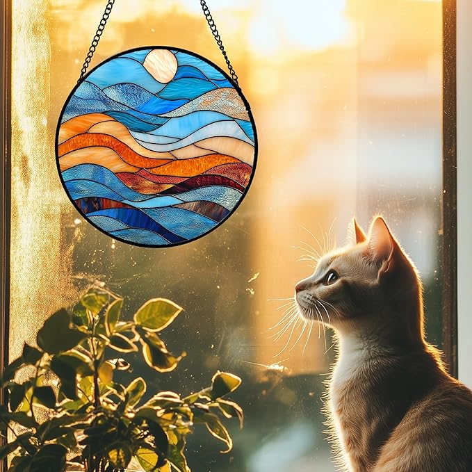 DASTOLL Stained Glass Window Hanging 4 Pcs Set Blue Orange Ocean Beach Theme 7.8" - Suncatcher Door Garden Sun Catcher Decor Birthday Christmas for Mom Woman Nana Men Wife
