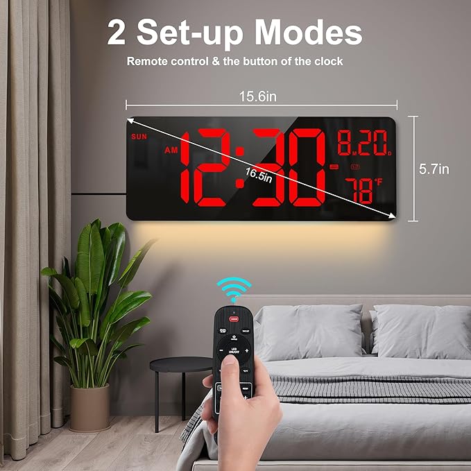 XREXS 16.5" Digital Clock Large Display with Remote Control 7 Color Changes Night Lights LED Wall Clock, Adjustable Dimmer, Temperature Clock for Bedroom, Desk Alarm Clock Gift for Teens Elderly