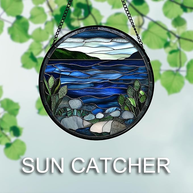 AMDERVEN Stained Glass Window Hanging 4 Pcs Set Navy Blue Ocean Landscape 6.3" - Suncatcher Door Garden Sun Catcher Decor Birthday Mother's Day for Mom Woman Nana Girl Boy Friend
