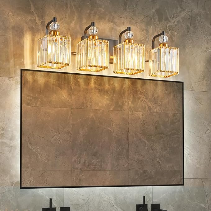 BBLLWJ Black and Gold Bathroom Lights Fixture 4-Light Bathroom Light Gold Brushed Brass Finish Crystal Vanity Light Fixtures Modern Bathroom Light Fixtures Over Mirror