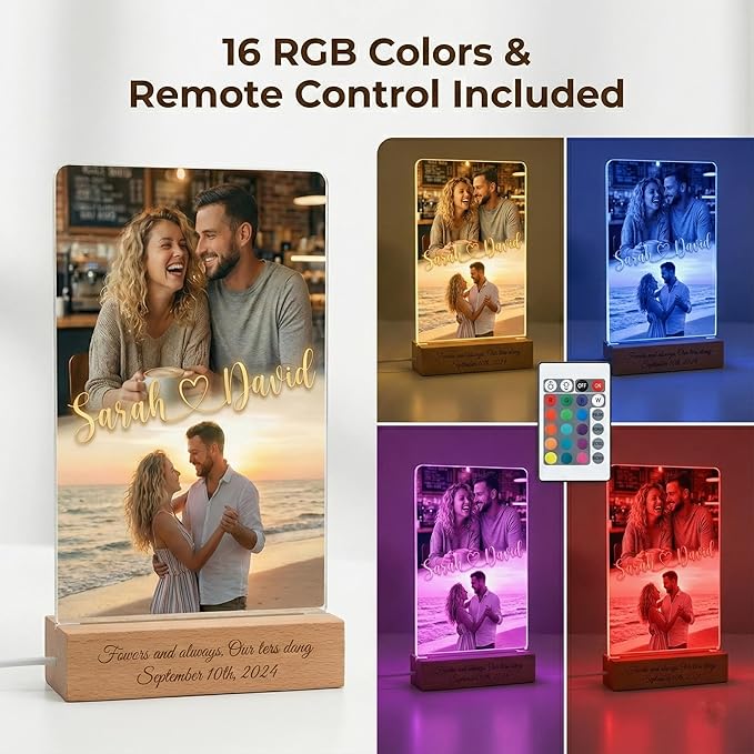 MamaEra Valentine’s Day Gift for Him - Personalized Photo Collage Night Light for Couples - Custom Acrylic LED Lamp with Names & Engraved Wooden Base - Romantic Anniversary, Wedding