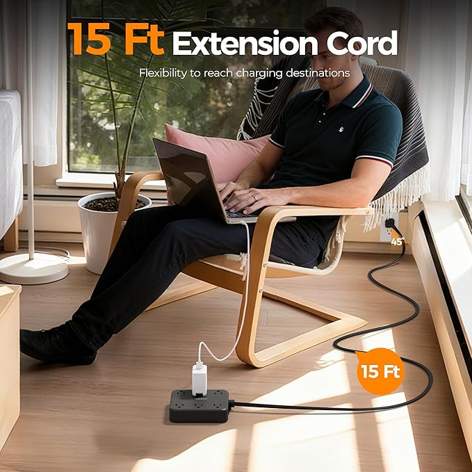 TESSAN Flat Plug Extension Cord 15 Ft, 2100J Surge Protector Power Strip with 6 Outlets and 4 USB Ports (2 USB C), PD 20W Fast Charger, Multiple Charging Station for Home Office Dorm Room, Black