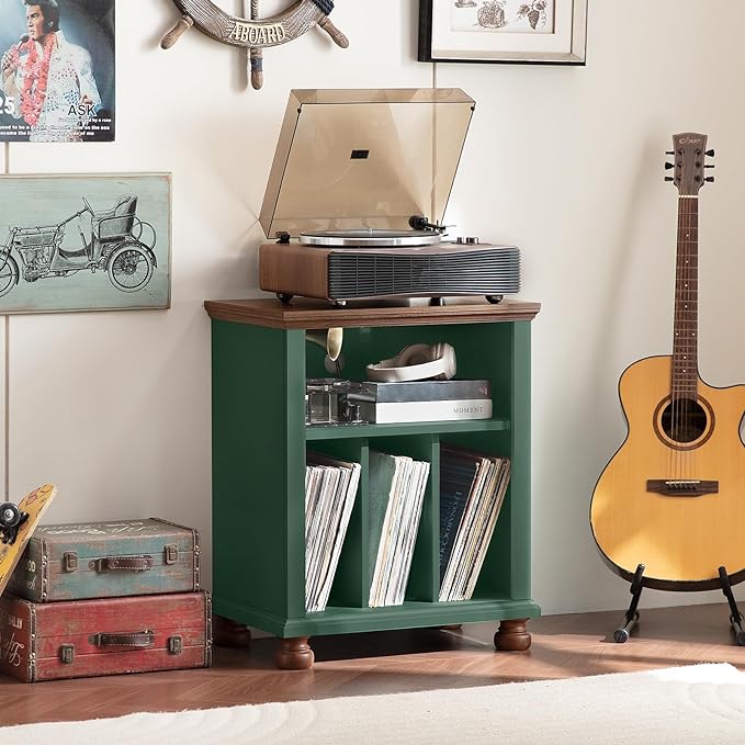 Joaxswe Record Player Stand with Charging Station Up to 200 Albums, 24" Wide Mid-Century Record Player Table with Vinyl Record Storage,Large Wood Turntable Stand Dispaly Cabinet for Living Room,Green