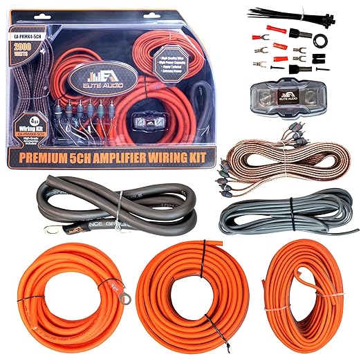 Elite Audio Premium Series Amp Kit Copper Clad Aluminum Wire, Triple-Shielded RCA Cables, High-Power Capacity, ANL Fuse Holder, Car Amplifier Install Kit (4 Gauge (5-Channel))