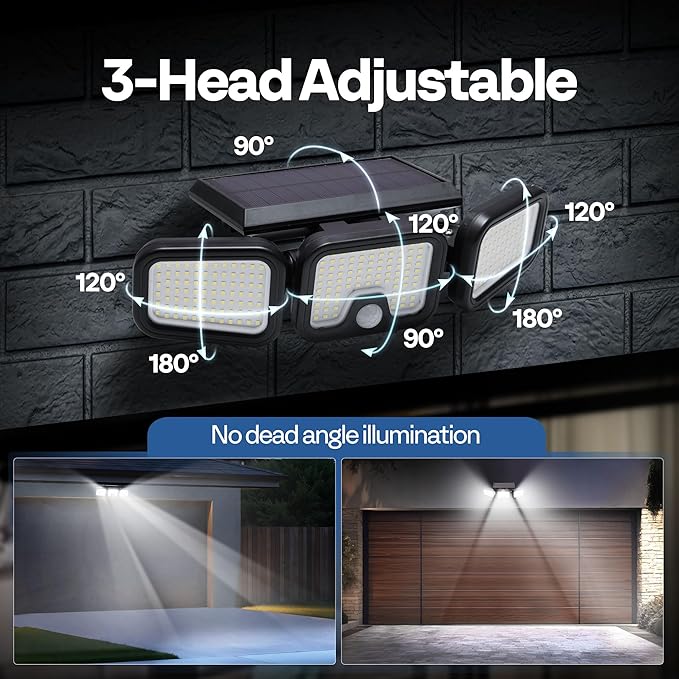VIVOHOME Solar Flood Lights Outdoor, 256 LED 2500LM Motion Sensor Lights, 3 Adjustable Heads Security Lights, IP65 Waterproof, 270° Wide Lighting Angle Solar Powered Lights for Porch, Yard, 3 Pack