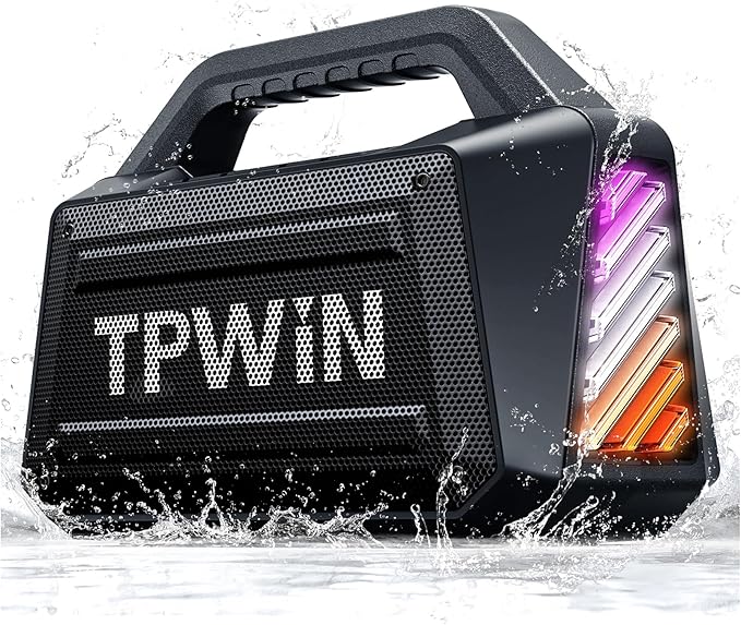 TPWIN Bluetooth Speaker - 80W Loud Rugged Outdoor Speakers, IPX6 Waterproof, 20H Playtime, Deep Bass, Lightshow, TWS, BT 5.3 Wireless, Portable for Travel Hiking Camping Beach Pool - Black
