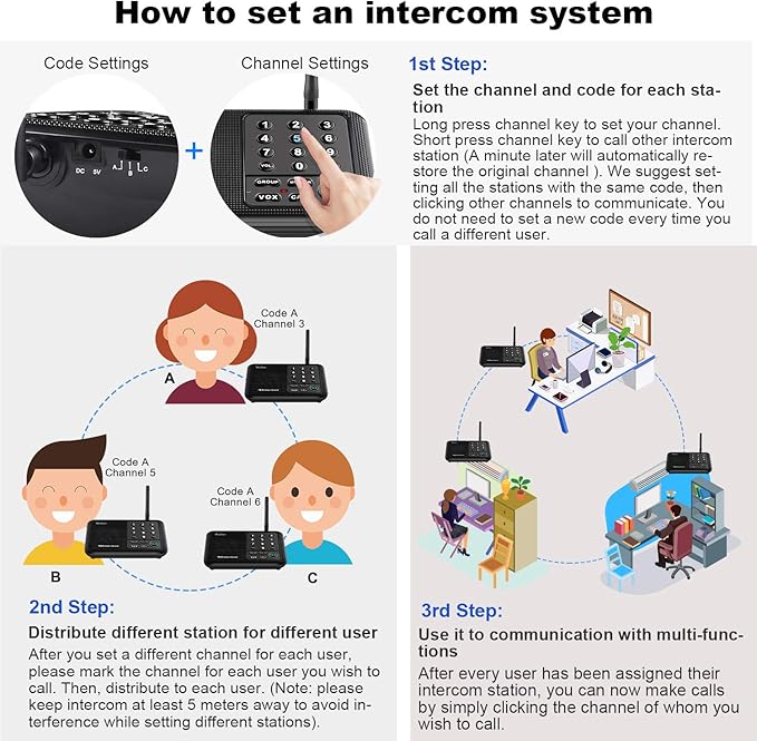 Wuloo Intercoms Wireless for Home 5280 Feet Range 10 Channel 3 Code, Wireless Intercom System for Home House Business Office, Room to Room Intercom, Home Communication System (4 Units Set, Black)