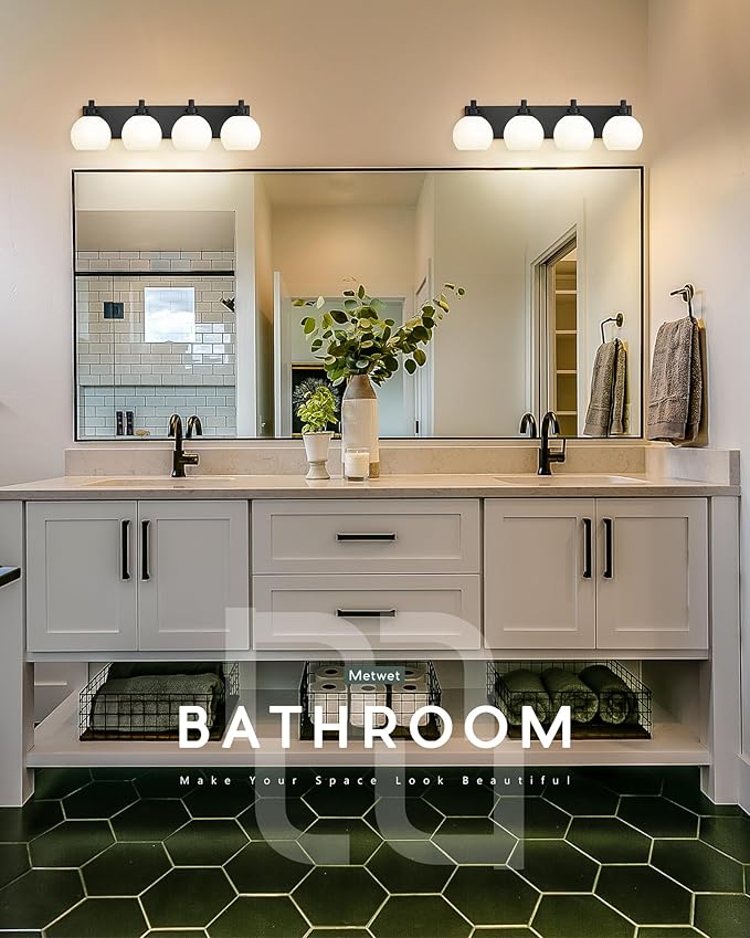 METWET Bathroom Light Fixtures, 4 Light Matte Black Vanity Light, 26 Inch Modern Wall Sconces with Globe Milk White Glass Shade, Vanity Lighting Fixtures Over Mirror, VL195-MB-ML-4