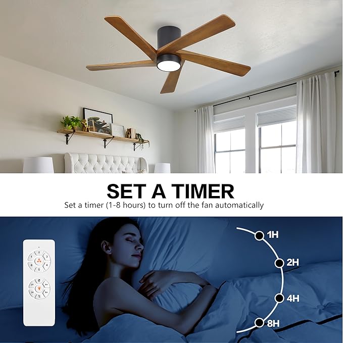 WINGBO 54 Inch Flush Mount DC Ceiling Fan with Lights and Remote, 5 Reversible Carved Wood Blades, 6-Speed Noiseless DC Motor, Hugger Ceiling Fan in Matte Black Finish with Walnut Blades, ETL Listed