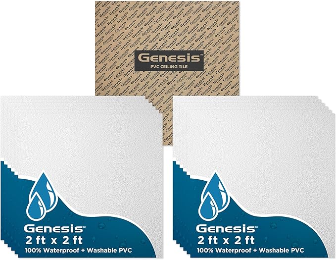 Genesis 2ft x 2ft Stucco Pro White Ceiling Tiles - Easy Drop-in Installation – Waterproof, Washable and Fire-Rated - High-Grade PVC to Prevent Breakage - Pallet of 60 Cases