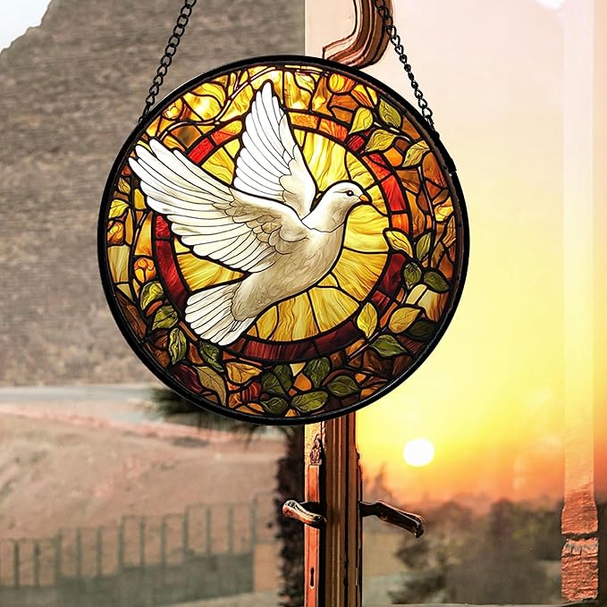 DASTOLL Stained Glass Window Hanging, Flying White Dove Sun Catchers Diamond Glass Panel Hangings Cute Birds Suncatcher Decor for Birthday for Women, Men, Wife, Aunt, and Mom 14.9 in
