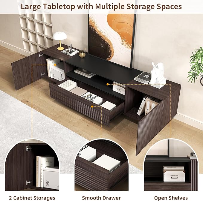 Epecoya TV Stand with Storage Cabinets for Living Room, Modern Wood Fluted TVs Media Console for 55/60/65 Inch TVs, Mid Century Television Stands with Drawer and Open Shelve for Bedroom, Dark Walnut