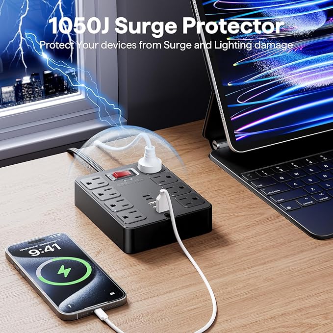 13 in 1 Surge Protector Power Strip Flat Plug 8 Widely AC Outlet 3 USB Ports,1250W/10A，5 ft Extension Cord with Multiple Outlets, Desk Extender for Dorm, Home,Travel， Office Essentials,ETL Listed