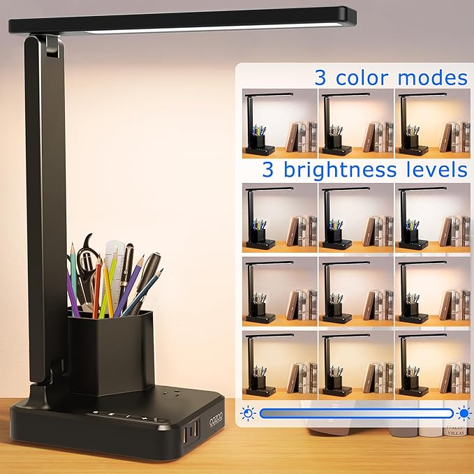 LED Desk Lamp with 3 USB Charging Ports 1 AC Outlet Small Table Lamp for Home Office/Bedroom/Study/College/Dorm Room Essentials, Foldable Reading Light w/Pen Holders for Craft/Artist/Puzzle/Nail/Task