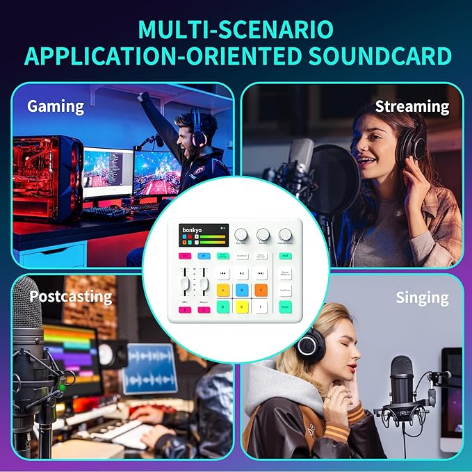 Bonkyo Gaming Audio Mixer & USB Interface with XLR Microphone, Bluetooth 5.0, RGB Effects, 48V Phantom Power, Voice Changer, G1 Sound Card for PS5, TikTok Live Streaming, Podcasting（White）