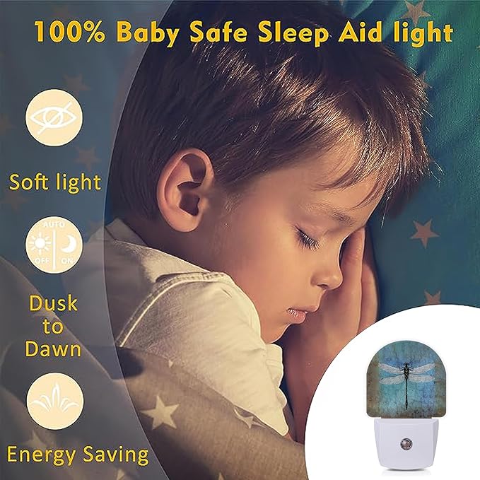 Axxitude Vintage Dragonfly Night Lights Plug into Wall for Girls Boys Room,Night Light LED Lamp Dusk to Dawn Sensor Round Lamp for Bedroom Bathroom Hallway Home Wall Decor Nightlight