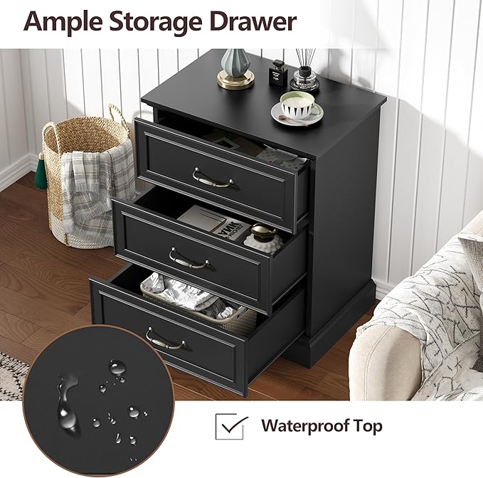 Nightstand with 3 Large Drawers,24" Wide End Table with Metal Handles,Rustic Farmhouse Wood Small Dresser,Bedside Table,Modern Chest of Drawers for Bedroom,Living Room,Black