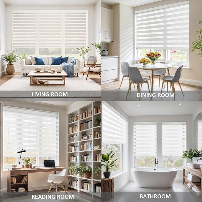 COOLWINDS Motorized Zebra Blinds for Windows Cordless Electric Curtains with Remote Control Blackout Shades Custom Smart Blinds Compatible with Alexa Google Home(Light Filtering White,W55 X 72in)