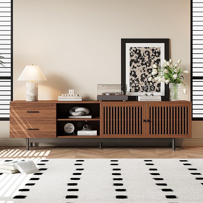 Zerberus 78” TV Stand, Mid-Century Modern TV Console Entertainment Center for TVs up to 85 Inch, Media Cabinet with Deep Drawers, Slatted Doors, Adjustable Shelf, Cable Management