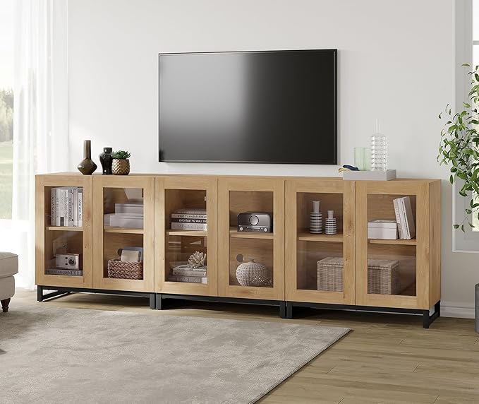 WAMPAT Modern TV Stand with Glass Doors for 110 inch TVs, 3 in 1 Entertainment Center Console with Adjustable Shelves and Metal Base for Living Room, Bedroom, Oak
