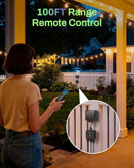 BN-LINK Outdoor Light Timer, Waterproof Plug-in Dusk-to-Dawn Controller with 3 Grounded Outlets for Christmas & Halloween String Lights, 15A 1/2HP, ETL Listed, 100 ft RF Range, Remote Included