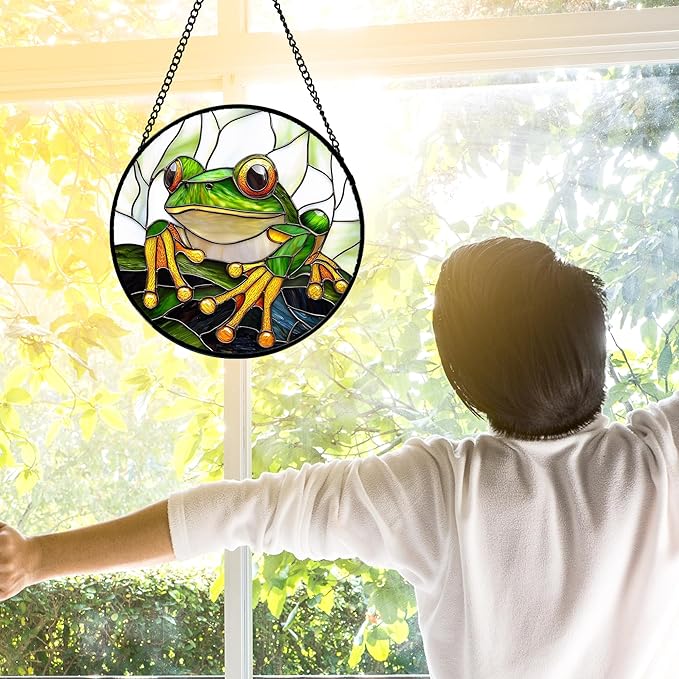 DASTOLL Stained Glass Window Hanging, Green Frog White Petals Sun Catchers Colorful Glass Panel Cute Suncatcher Decor for Birthday for Women, Men, Wife, Aunt, and Mom 7.8 in
