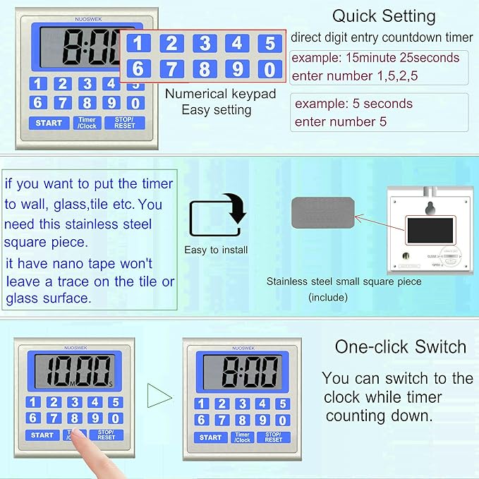 NUOSWEK Digital Timer Waterproof Shower Timer Shower Clock Direct Digit Entry Bathroom Kitchen Timer with Strong Magnet and Large LCD Display (Waterproof 13 Key)