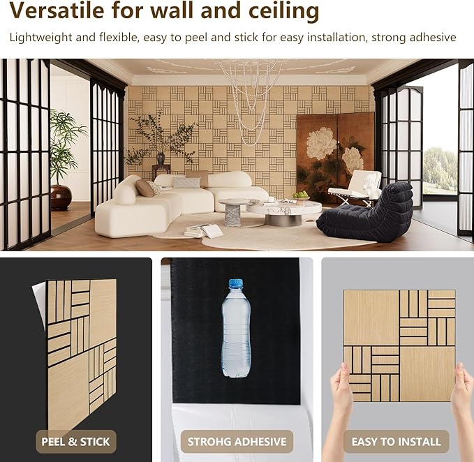 ARMURO 4 Packs Acoustic Wall Panels - Self-Adhesive 3D Wood Slat Wall Panel- Peel and Stick Sound Absorbing Panels for Noise Reducing - Feature Wall Decor for Home & Office