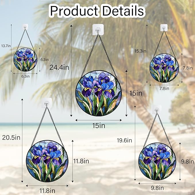 CRISGIF Stained Glass Window Hanging - Blue Purple Iris Flower Suncatcher for Door Garden Patio Sun Catchers Decor Christmas Mother's Day Birthday Gifts for Women Men Mom Nana Aunt Friend 11.8 in