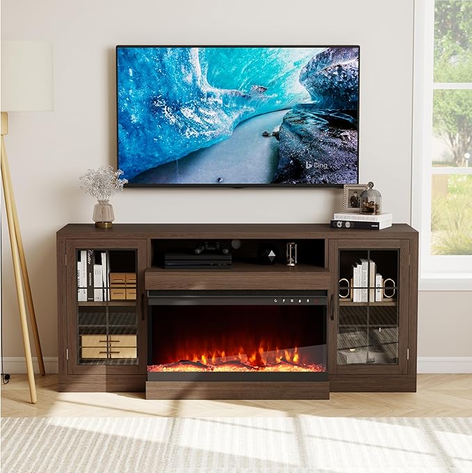 CharaVector 63 inch Fireplace TV Stand for TVs up to 75" with 30" 3-Sided Electric Fireplace, Farmhouse Entertainment Center with Glass Doors & Storage Cabinet, Brown