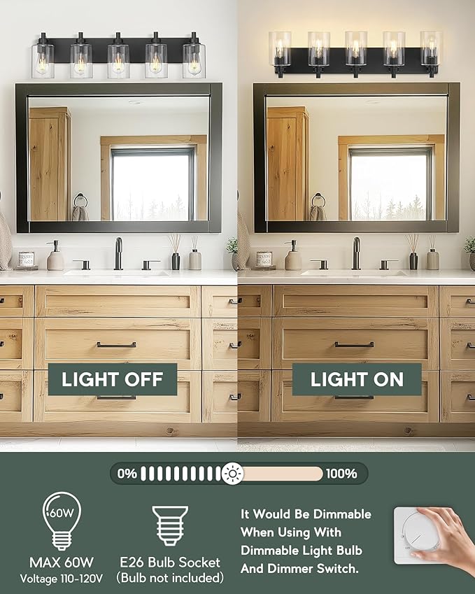 METWET 5-Light Bathroom Light Fixtures, 30 Inch Black Vanity Light with Cylinder Clear Glass Shade, Modern Vanity Lighting Fixtures Over Mirror, VL143-MB-5