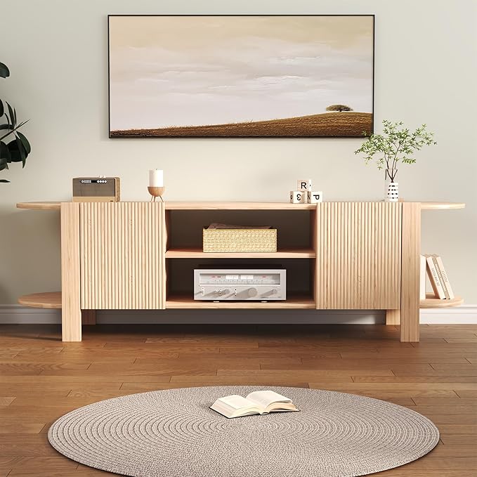 ZOSQUARE 65 Inch TV Stand for Up to 75 inch TVs, Fluted Entertainment Center with Adjustable Shelve, Curved Round Corner TV Console Table with Storage Cabinet for Living Room, Bed Room (Natrual Wood)