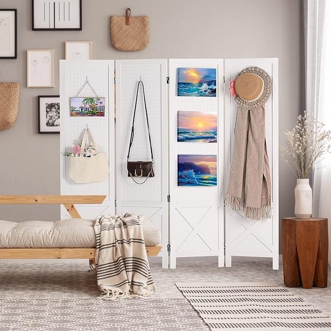 Wnutrees 4 Panel Pegboard Display, 5 Ft Wood Folding Privacy Screens Room Divider, Portable Freestanding Display Board for Craft/Art Shows, Retail, Events, Wall Organizer, Rustic Barnwood, White