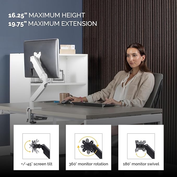 Fellowes Platinum Series Single Monitor Arm for 40-Inch Monitors, Full Motion, 360° Rotation, VESA Mount with Grommet or Clamp, USB Ports, Ergonomic, White, 8056201