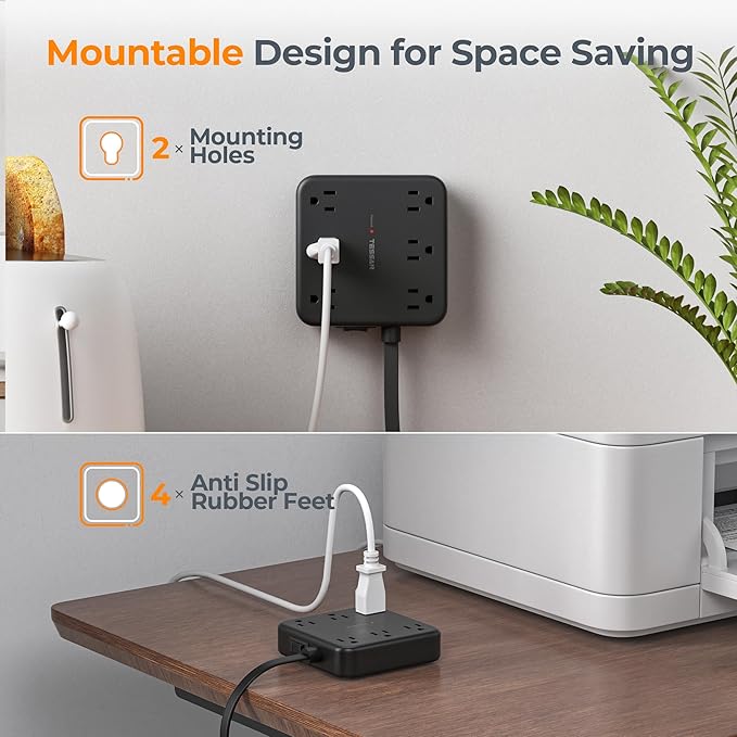 TESSAN Black Extension Cord with Fast Charger, Surge Protector Power Strip with 6 Outlets and 4 USB Ports (2 USB C), 2100 Joules Protection, Flat Plug, Multi Outlet Extender for Home, Office, Dorm