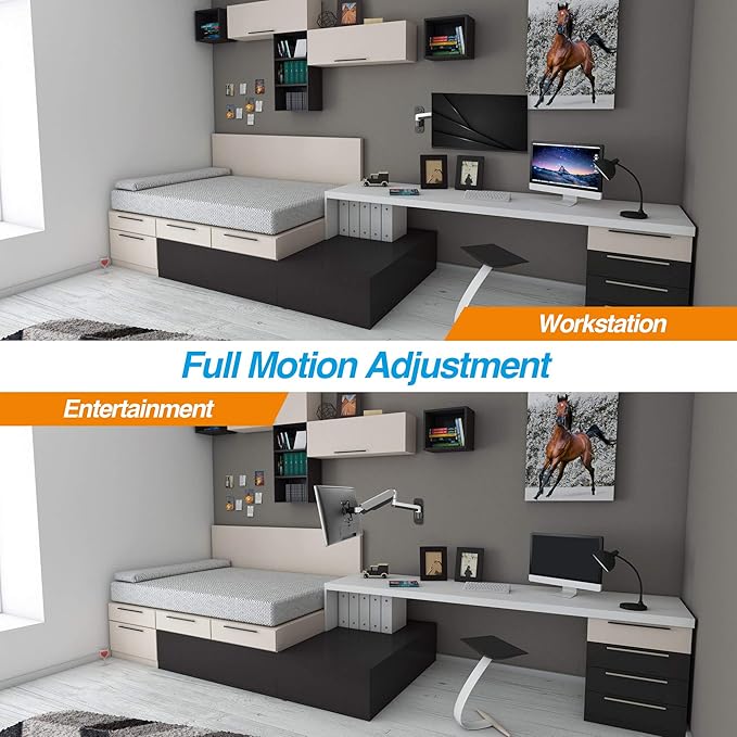 AVLT Single Extended 13"-32" Wall Mount - Curved/ Flat Monitor, Full Motion Height Swivel Tilt Rotation Adjustable Arm - VESA/Cable Management