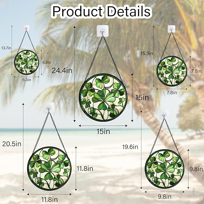 CRISGIF Stained Glass Window Hanging - Ireland Green Lucky Clover Suncatcher for Doors Garden St. Patrick's Day Sun Catchers Decor Mother's Day Birthday for Women Men Mom Nana 6.3 in
