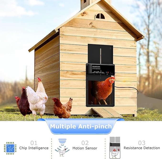 GRUBSFARM Automatic Chicken Coop Door - Programmable with App Timer, Solar/Battery/Grid Powered, Multi Anti-Pinch - Resistance Detection & Motion Sensor, Plug & Play Electric Door, Weatherproof