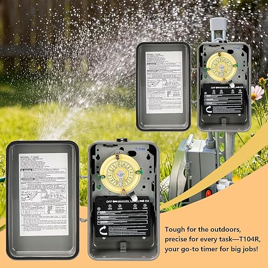 T104R 24-Hour Mechanical Time Switch, 208-277V, 40A, DPST, NEMA 3R Outdoor Steel Enclosure, Gray – Heavy Duty Timer for Pool Pumps, Heaters, and Industrial Motors