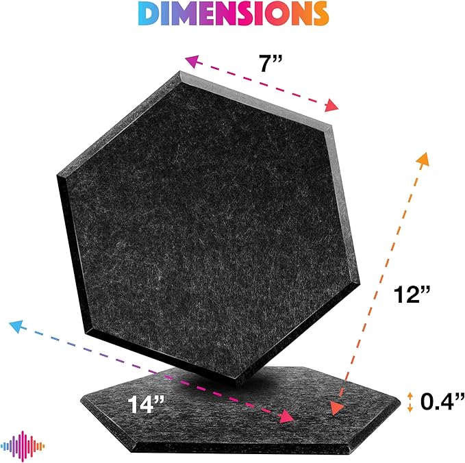 Sonic Acoustics Self-Adhesive 12 Pack Hexagon Acoustic Panels, 14" X 12" X 0.4" High Density Sound Absorbing Panels Sound Proof Insulation Beveled Edge Studio Treatment Tiles-Black
