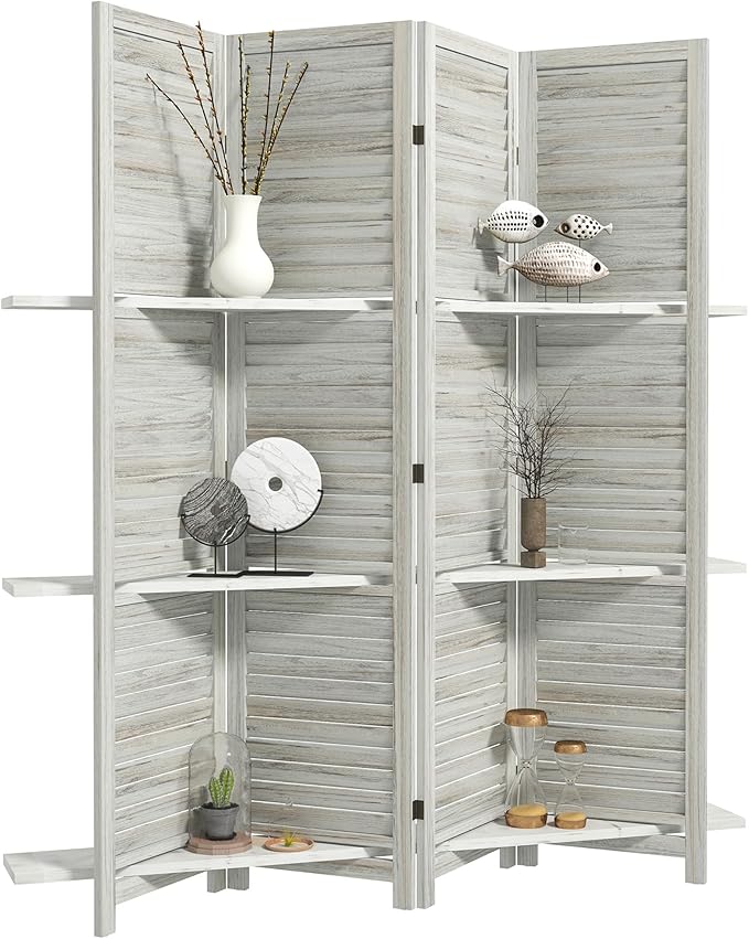 HOMCOM Room Divider, 4 Panel 67" Tall Wood Privacy Screen with 3 Display Shelves, and Folding Storage for Bedroom or Home Office, Distressed White