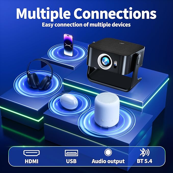 [Compatible with Netflix & Support 4K] 1080P HD Mini Projector Dual Band WiFi6 5G and BT 5.4 Auto Focus & Obstacle Avoidance Portable Outdoor Projector, 270° Adjustable Stand for Home Movie - Black