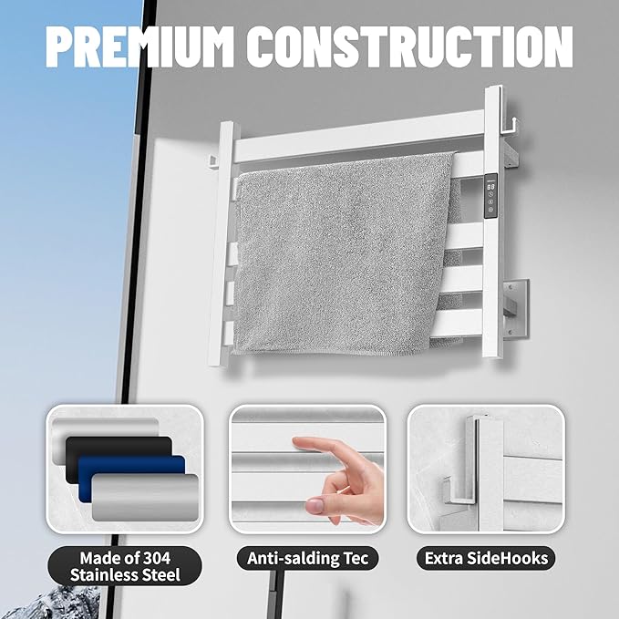 K&KALONZO Towel Warmer for Bathroom, Wall-Mounted 5-Bar Heated Towel Rack with Built-in Timer, Waterproof Electric Towel Heater, Support Plug-in and Hardwired, Brushed, EL18S
