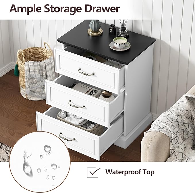 Nightstand with 3 Large Drawers,24" Wide End Table with Metal Handles,Rustic Farmhouse Wood Small Dresser,Bedside Table,Modern Chest of Drawers for Bedroom,Living Room,White