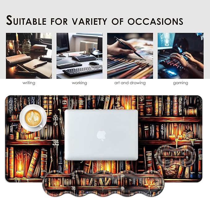 BFUKVOU Large Keyboard Mouse Pad Set, Extended Mouse Pad+Keyboard Wrist Rest Support, Memory Foam Ergonomic Easy Typing, 4Pcs (31.5×11.8 in) Desk Pad Set for Office Home,Vintage Bookshelf